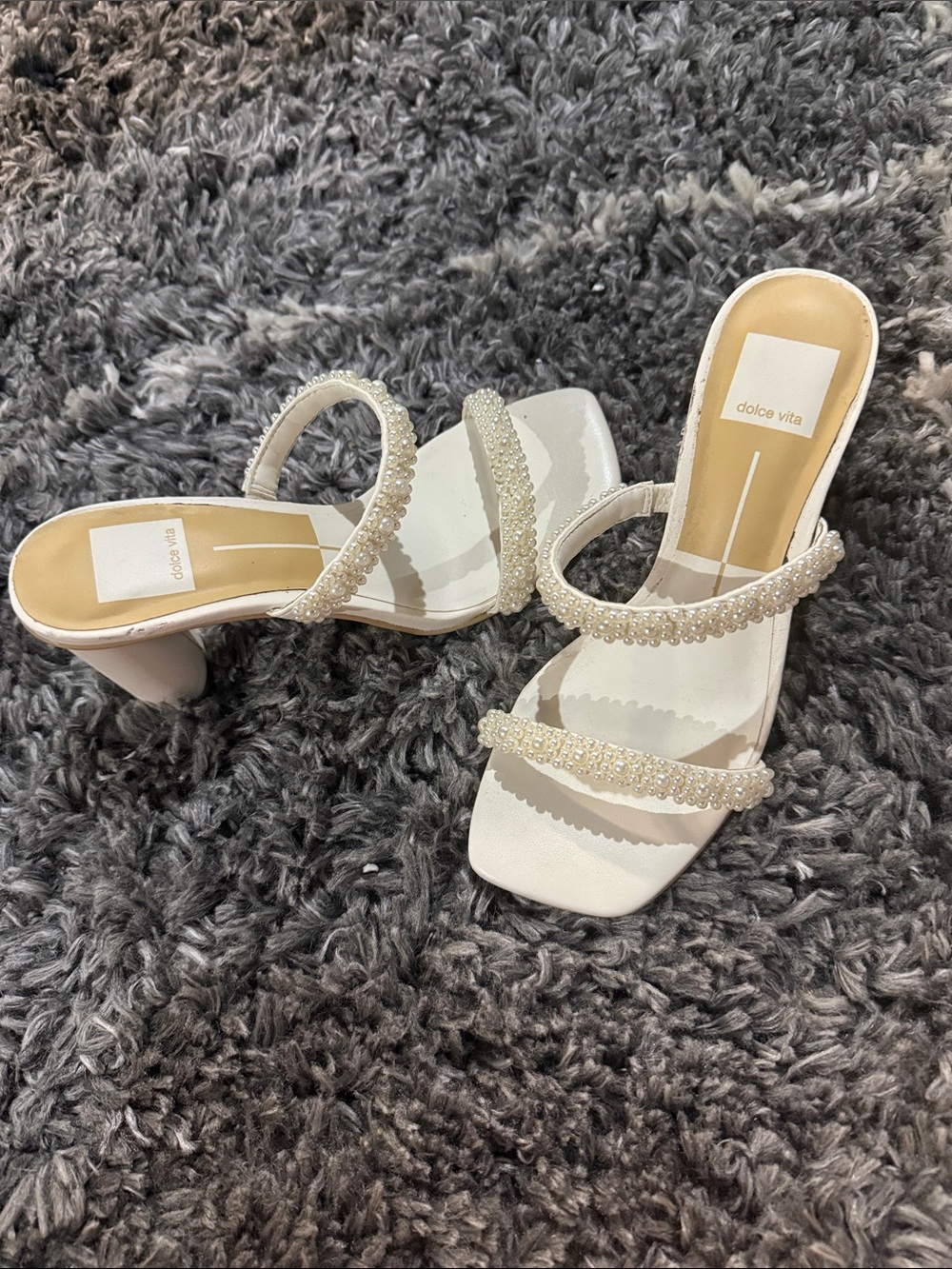 Dolce Vita Ivory Pearl-Strap Block Heel Sandals